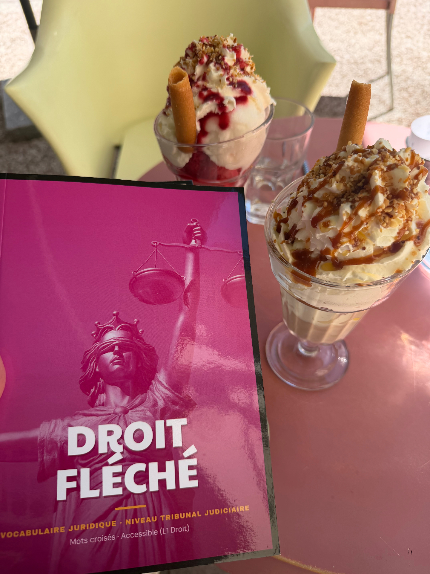 Livret 1 Droit Fléché posé à côté de deux glaces